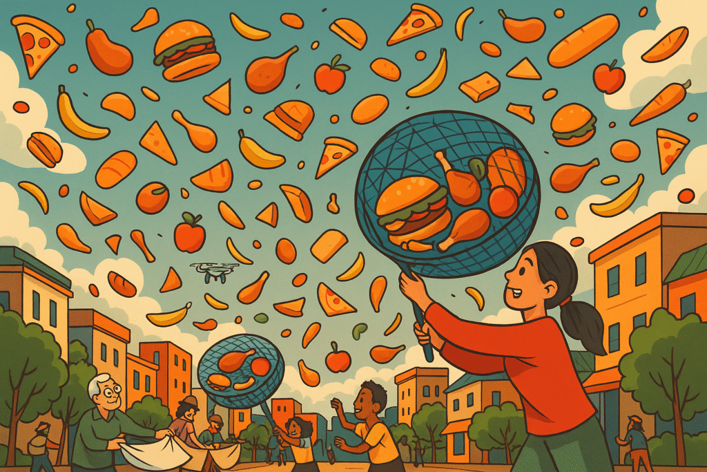 nourriture tombait du ciel sur la ville, habitants avec filets