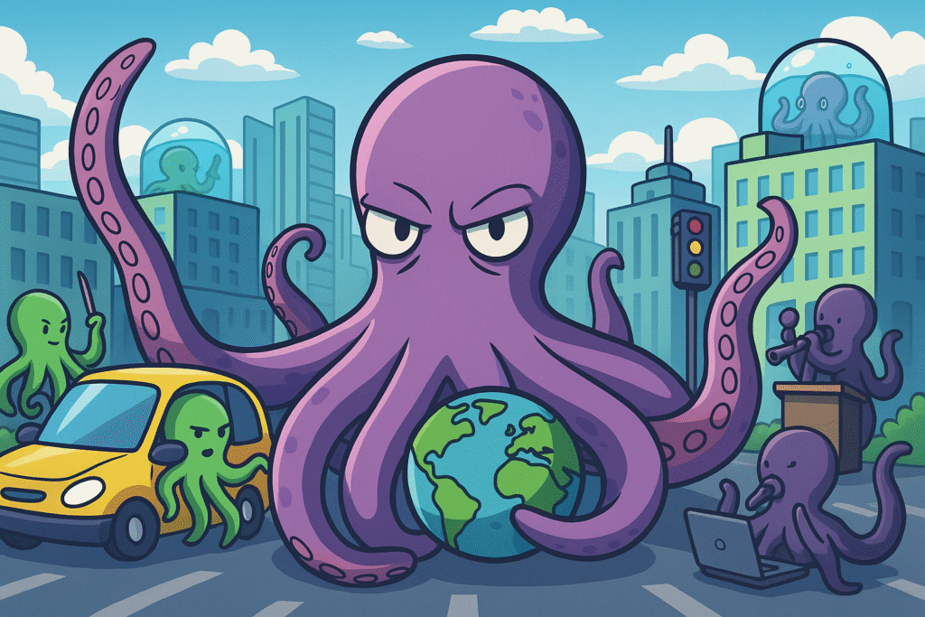 Cartoon montrant des poulpes intelligents contrôlant une ville humaine.