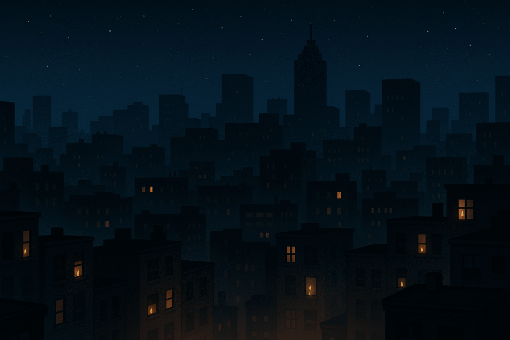 Ville moderne plongée dans l’obscurité après la disparition de l’électricité