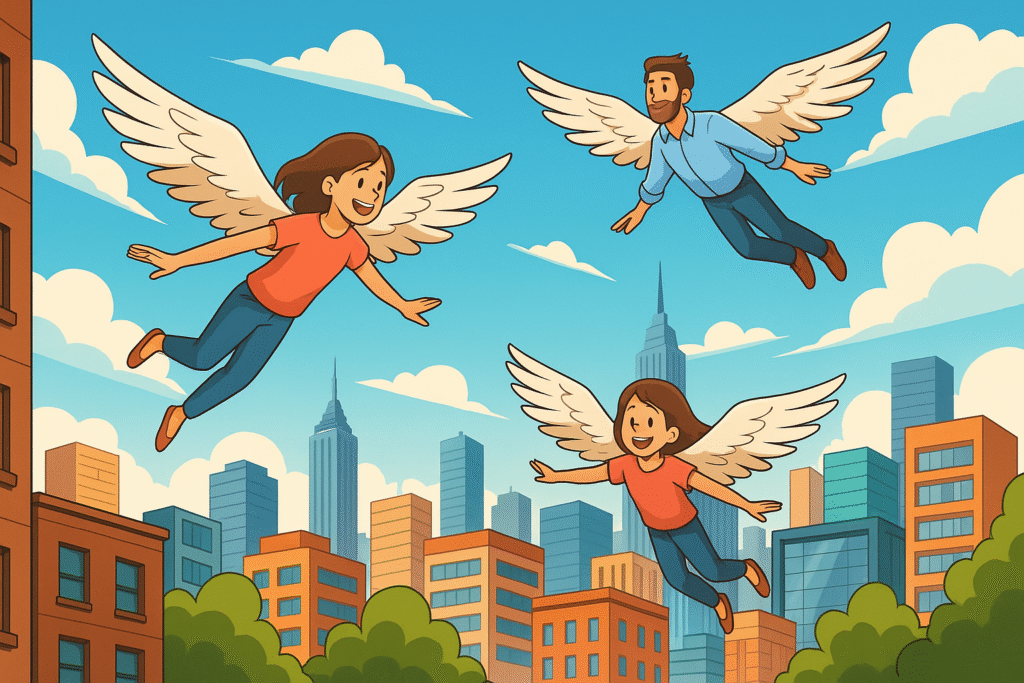 Des humains avec des ailes volent au-dessus d’une ville moderne